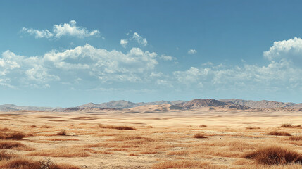 Fototapeta premium Vast arid expanse under a bright blue sky with fluffy clouds. A panoramic vista of an untouched landscape.