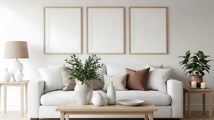 Fototapeta premium White sofa with brown and beige pillows and plants on wooden coffee table in modern living room with empty frames