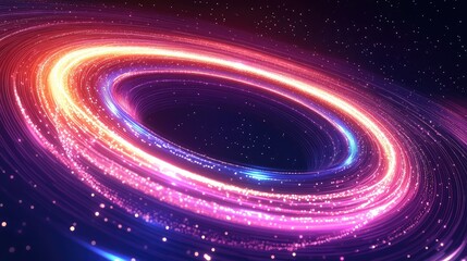 Luminous colorful particle trails are swirling into a vibrant abstract vortex, representing concepts of big data, connection, and digital information moving through space