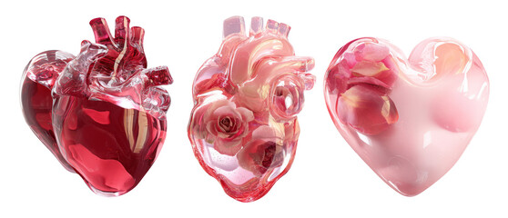 Fototapeta premium Translucent Ruby Hearts: Three Unique Heart Objects for Valentine's Day Celebrations