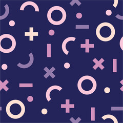 Geometric vector seamless pattern over dark background. Hipster fashion Memphis style. Vector illustration