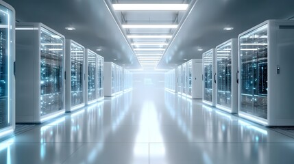Obraz premium Interior view of a high tech data center server room featuring rows of glowing blue and white server racks stretching down a long polished and brightly lit aisle