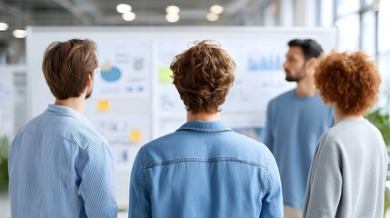 A diverse group of four individuals gathers in a bright office setting attentively observing a whiteboard displaying various charts graphs and written notes suggesting a productive work session