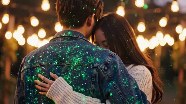 Romantic couple embracing under glowing string lights at night, man wearing a denim jacket with glowing green star pattern