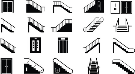 Elevator, stairs and escalator icon set, black silhouette symbols for building navigation, wayfinding, architecture, interior signage, emergency exit pictograms collection