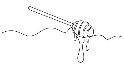 A continuous line drawing of a honey jar with a dipper, Continuous line drawing Vector continuous one single line drawing of honey on dipper in silhouette on a white background. Linear stylized.