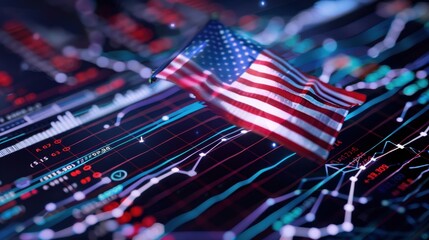 Abstract Financial Background with American Flag and Stock Market Trend Graphs for Economic Themes