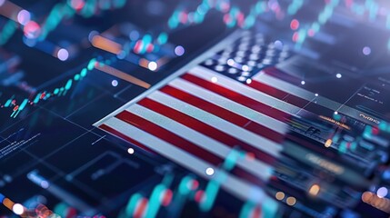 Abstract Digital Visualization of American Flag Amid Financial Charts and Stock Market Data Representations