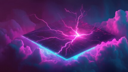 Futuristic square platform floating among vivid pink and blue clouds, generating powerful electrical lightning strikes, representing technology, energy, and digital concepts