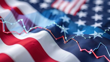 Abstract Representation of Economic Trends Overlaid on American Flag Background for Financial Concepts and Patriotism