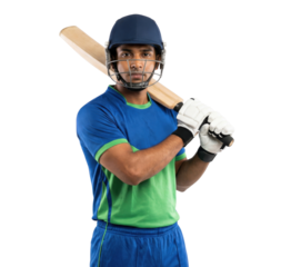 Male cricketer in blue and green uniform holding cricket bat on shoulder, isolated