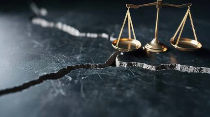 Golden Justice Scale on Cracked Surface Symbolizing Legal Struggles and Ethical Dilemmas in Modern Society
