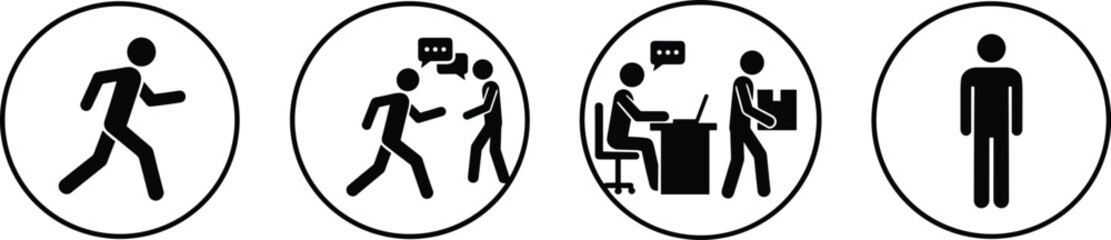 Human activity icons set, running communication office work standing person symbols, black flat pictogram vector illustration for signage, infographic, workflow design