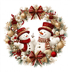 Christmas wreath of fir branches with snowmen and gold ornaments, with copy space