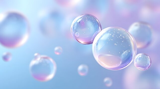 Delicate translucent iridescent spheres with sparkling highlights drift in a softly blurred background of pastel blues and purples evoking a sense of purity and light