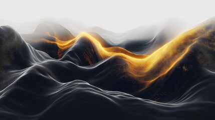 Glowing golden particles form undulating waves across dark surfaces, visualizing data streams, network connections and the dynamic flow of information in a futuristic tech landscape