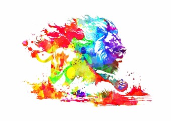 白背景にカラフルな水彩アートのライオンのイラスト