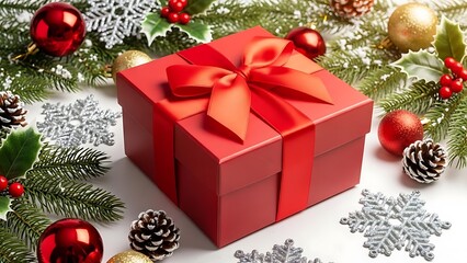 Beautiful red gift box surrounded by christmas decorations