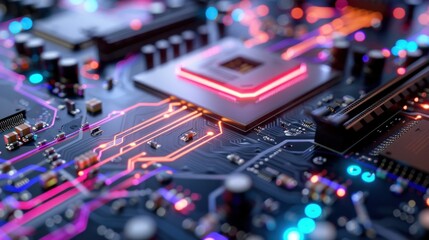 Close-Up View of a Circuit Board with Neon Lights and Microprocessor in a High-Tech Environment
