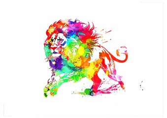 白背景にカラフルな水彩アートのライオンのイラスト