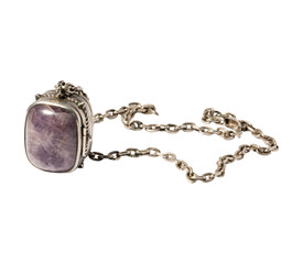 Elegant Silver Pendant Necklace with Purple Gemstone. Intricate Antique Jewelry on Black. PNG