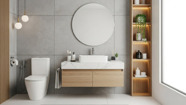 Modern bathroom with wooden vanity and round mirror - Powered by Adobe