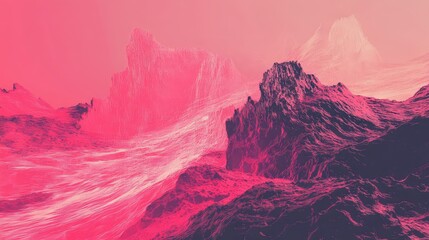 Digital mountains and valleys featuring a vibrant pink and purple color palette with wireframe structures, representing abstract topography and a conceptual alien world