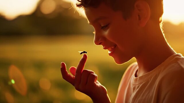 Closeup profile of a smiling young boy holding a small insect on his palm against a bright, golden sunset background