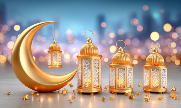 Elegant Golden Lanterns and Crescent Moon Decoration for Celebrating Ramadan