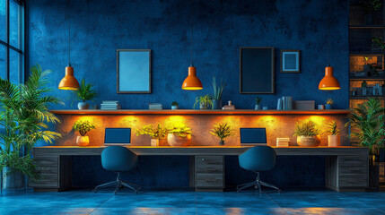 Modern navy blue coworking space with orange pendant lights and green plants. Two workstations face the wall with laptops