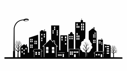 Cityscape Silhouette with Buildings and Streetlight.