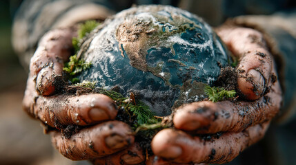 A pair of hands gently hold planet Earth, covered with soil and plants. Concept of environmental protection and care