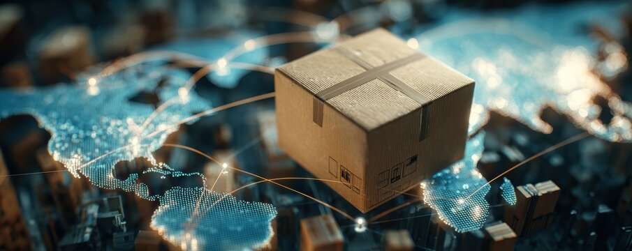 delivery express operation concept. A package floating above a digital world map with network connections. - Powered by Adobe