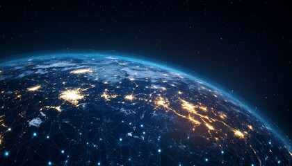 Fototapeta premium Aerial View of Earth at Night with City Lights and Digital Connection Lines Illuminating the Globe