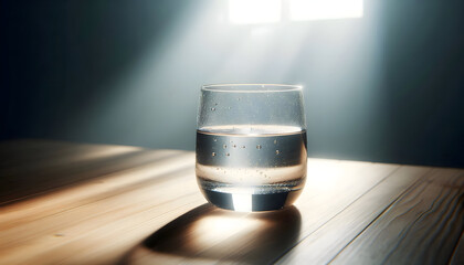 A glass of water with condensation placed on a clean wooden table, sunlight reflection on it, aesthetic minimalism, concept of purity and renewal, ultra-realistic lighting