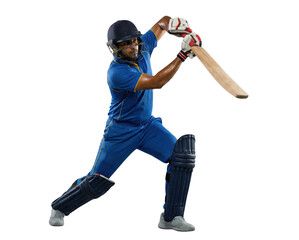 Cricketer in blue uniform playing batting shot isolated on white background