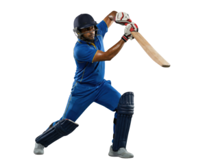 Cricketer in blue uniform playing batting shot isolated on white background