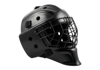 Black hockey goalie mask helmet with cage isolated on white background