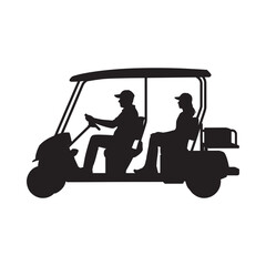 Silhouette of two people riding in a golf cart simple black and white design © MSTTARZINA