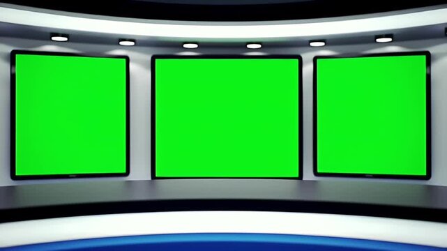 Three blank green screens in a modern studio set with blue and white accents