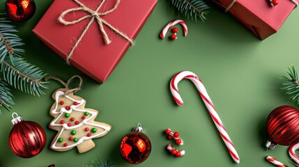 Festive Christmas Composition with Red Gifts, Candy Cane, Ornament, Gingerbread Tree and Pine Needles on Green Background