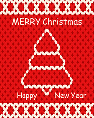Folk Merry Christmas and Happy New Year greeting card cover design. Vector illustration knitting texture Christmas tree perfect for Xmas holiday card poster background. EPS 10