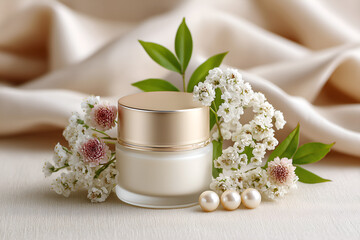 Elegant skincare cream jar with a golden lid, surrounded by delicate white flowers, green leaves, and pearls, set against a luxurious draped fabric background with soft lighting.