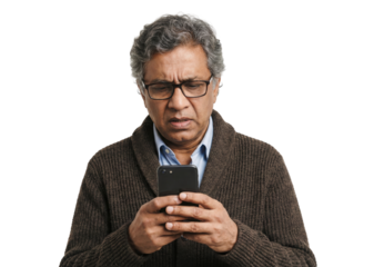Older man frowning at smartphone isolated on white background