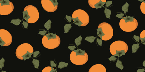 Persimmon vector Seamless Pattern isolated black background. Retro color fruit Seamless background with realistic Persimmon. Perfect textile wallpaper print. EPS 10