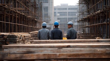 Three construction workers in hard hats take a moment at a busy industrial site with scaffolding and lumber