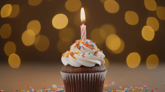 Birthday cupcake with lighted candle on top 4k Video. Happy birthday cake background