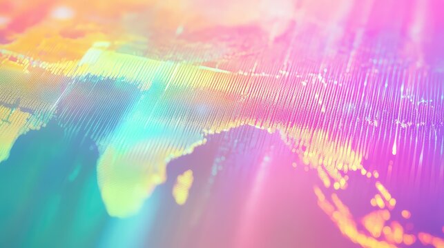 Global network visualization showing a digital world map with continents formed by shimmering pixels and vivid iridescent colors, representing data and technology interconnectivity - Powered by Adobe