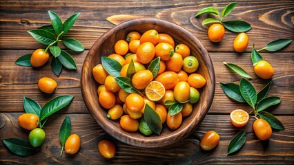 A rustic wooden bowl overflowing with vibrant kumquats, surrounded by fresh green leaves on a dark wood surface