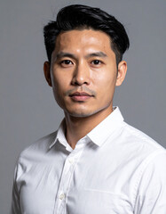 Obraz premium Close-up portrait of a serious young Asian man in a white collared shirt against a gray background